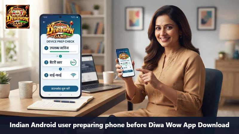 Indian Android user preparing phone before Diwa Wow App Download