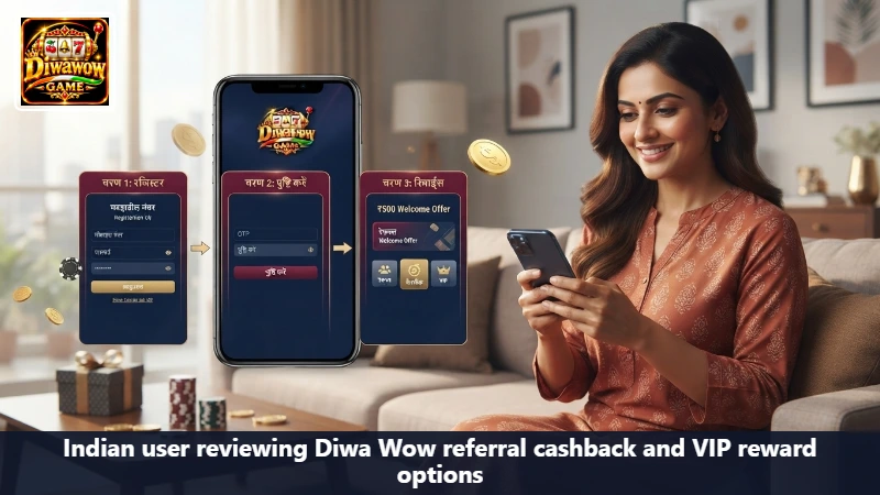 Indian user reviewing Diwa Wow referral cashback and VIP reward options