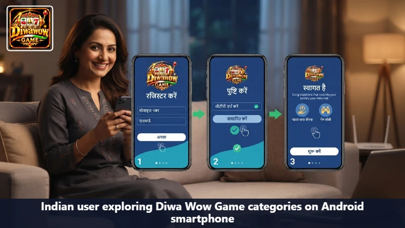Indian user exploring Diwa Wow Game categories on Android smartphone