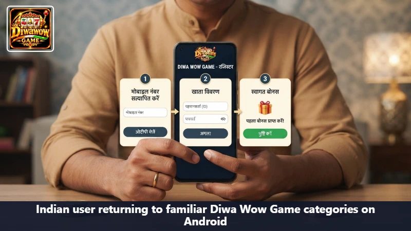 Indian user returning to familiar Diwa Wow Game categories on Android