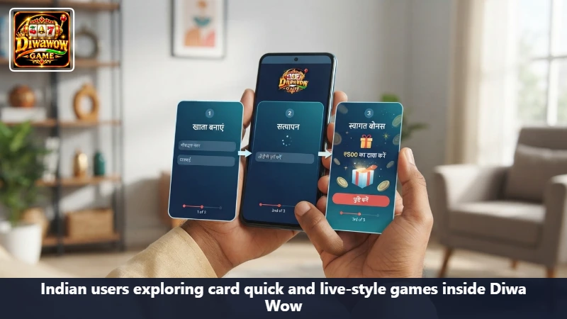 Indian users exploring card quick and live-style games inside Diwa Wow