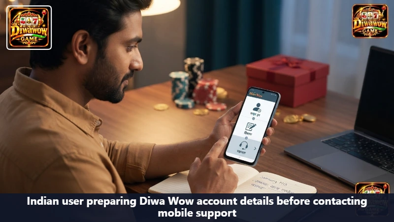 Indian user preparing Diwa Wow account details before contacting mobile support