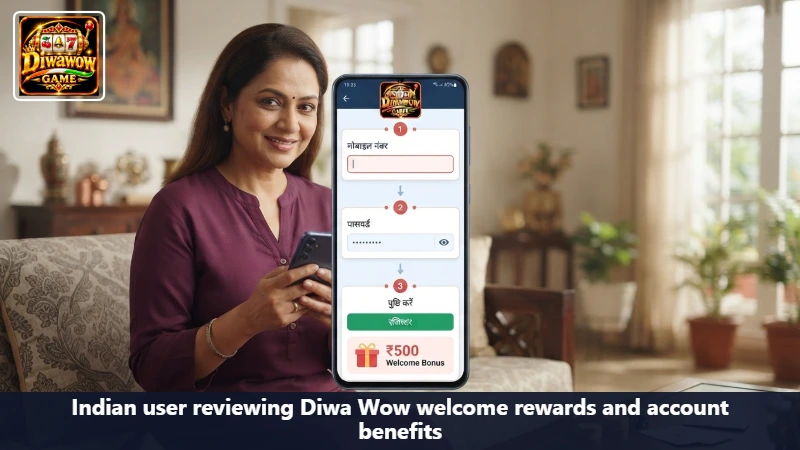 Indian user reviewing Diwa Wow welcome rewards and account benefits