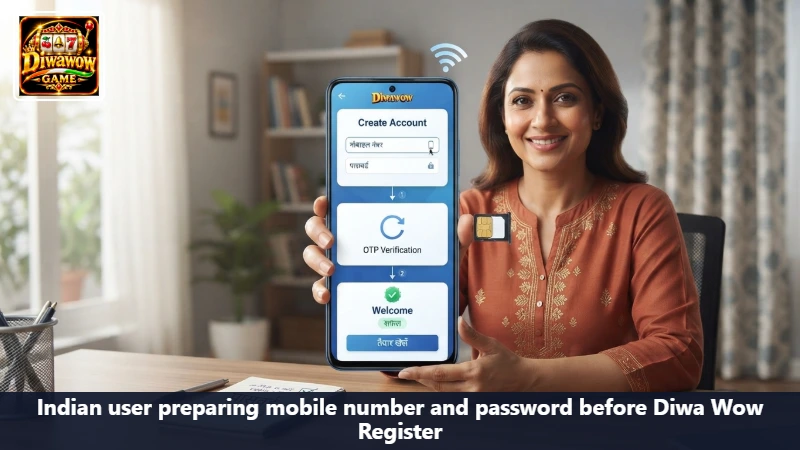 Indian user preparing mobile number and password before Diwa Wow Register