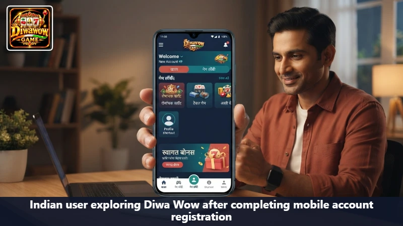 Indian user exploring Diwa Wow after completing mobile account registration