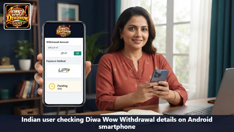 Indian user checking Diwa Wow Withdrawal details on Android smartphone