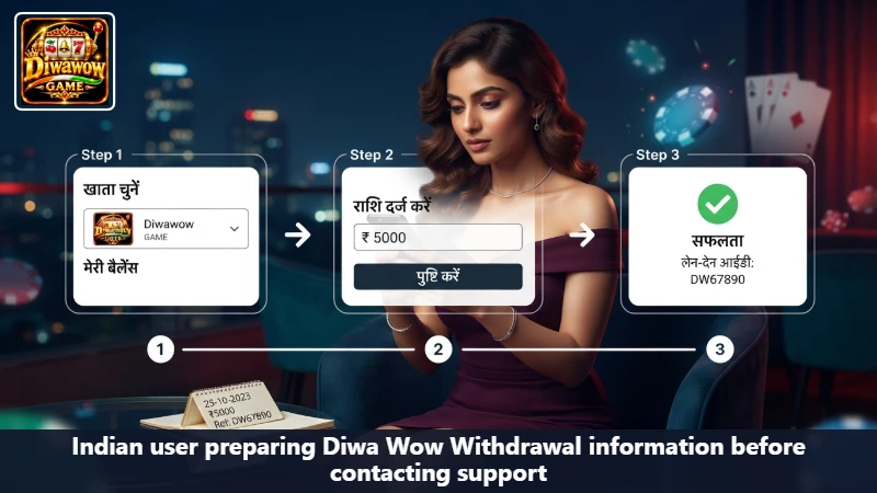 Indian user preparing Diwa Wow Withdrawal information before contacting support